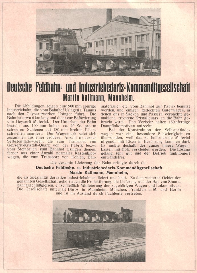 Deutsche Feldbahn- und Industriebedarfs-Kommanditgesellschaft, Martin Kallmann, Mannheim (Werbeanzeige, 1923)