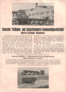 Deutsche Feldbahn- und Industriebedarfs-Kommanditgesellschaft, Martin Kallmann, Mannheim (Werbeanzeige, 1923)