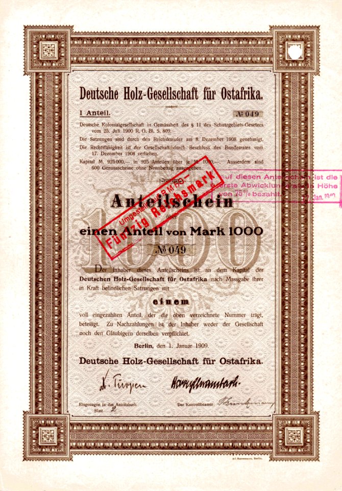 Deutsche Holz-Ges. für Ostafrika 1909