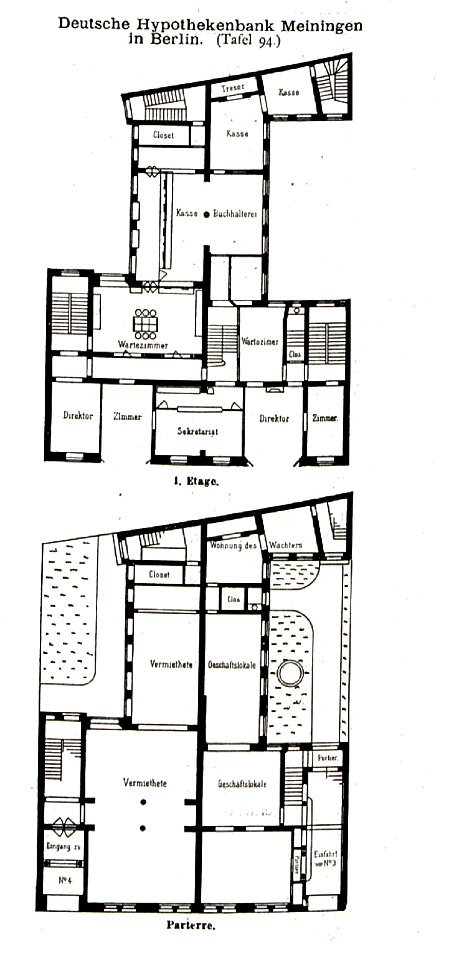Deutsche Hypothekenbank Meiningen, Behrenstrasse 3 und 4, Berlin, Architekt A. Sillich, Baumeister Berlin, Tafel 94, Kick Jahrgang II, Grundriss