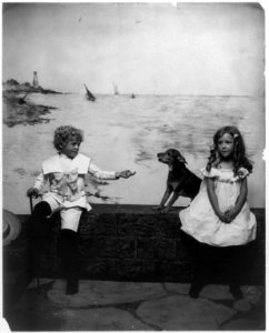 Dog, boy and girl seated on sea wall LCCN2003675174