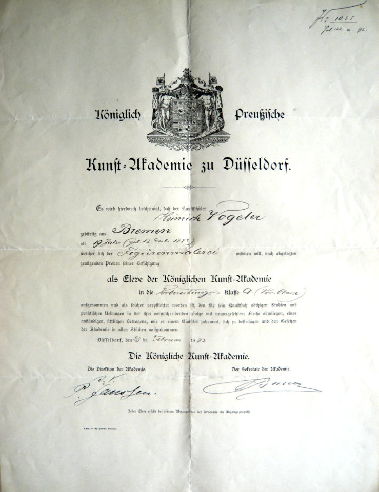 Dokument der Kunstakademie Düsseldorf, Aufnahme Heinrich Vogeler am 23. Februar 1892