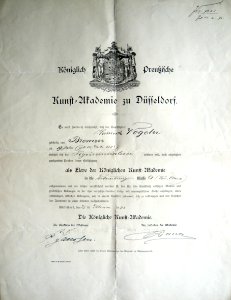 Dokument der Kunstakademie Düsseldorf, Aufnahme Heinrich Vogeler am 23. Februar 1892