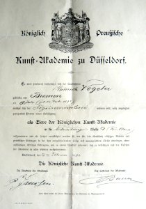 Dokument der Kunstakademie Düsseldorf, Aufnahme Heinrich Vogeler am 23. Februar 1892 (Ausschnitt)