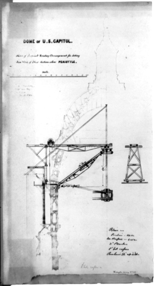 Dome of U.S. Capitol, sketch of proposed hoisting arrangement for setting iron work ... LCCN2002718057