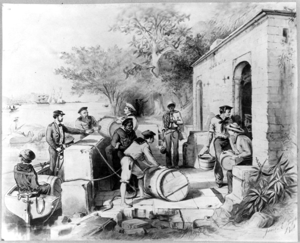 Dominican Republic, 1871)- The Diago Columbus Spring on the Ozania River, ... Seamen filling casks with fresh water LCCN2003655462