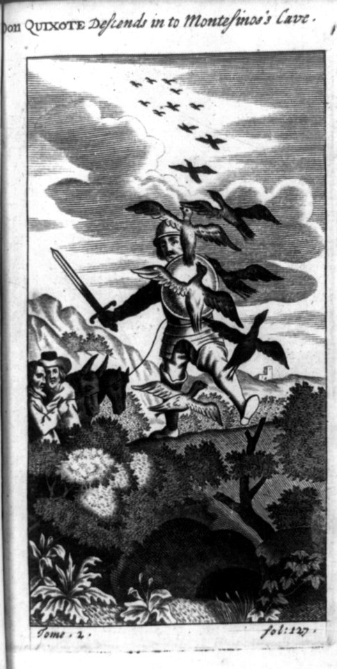 Don Quixote, holding sword and shield and attached to line held by another man, descending into Montesino's Cave LCCN93515370