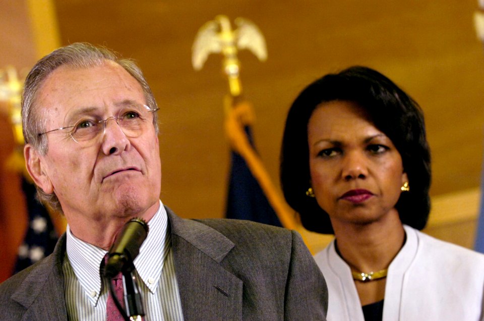 Donald Rumsfeld and Condoleezza Rice in Baghdad, Iraq, April 2006
