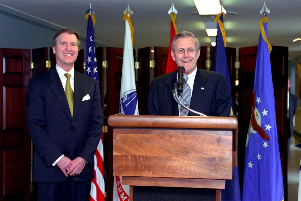 Donald Rumsfeld and William Cohen during a ceremony to unveil Secretary Cohen's official portrait