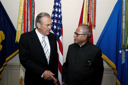 Donald Rumsfeld and Pranab Mukherjee