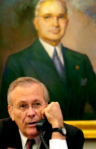 Donald Rumsfeld is interviewed in the Harry S. Truman Presidential Museum, 2006