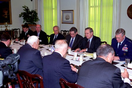 Donald Rumsfeld meets with Ariel Sharon at the Pentagon