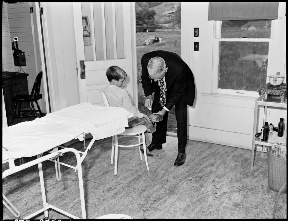 Donald Sergent visits Dr. Brooks' office with a bruised foot. The medical fee at this company is $2.50 per month for... - NARA - 541363