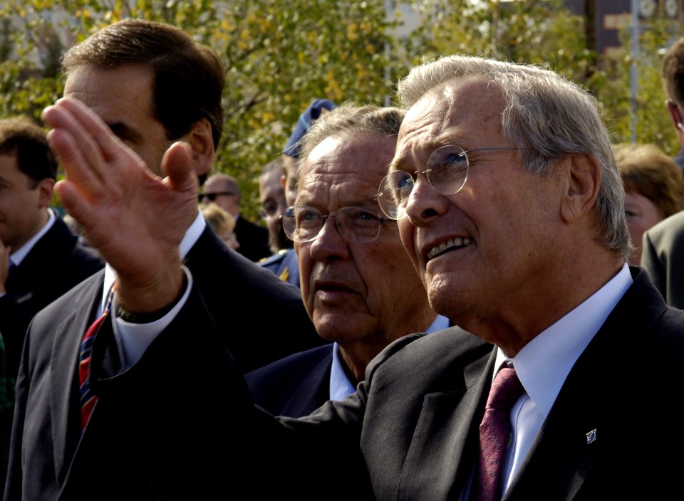 Donald Rumsfeld and Ted Stevens discuss the details of the new Alaska-Siberia Lend Lease memorial sculpture