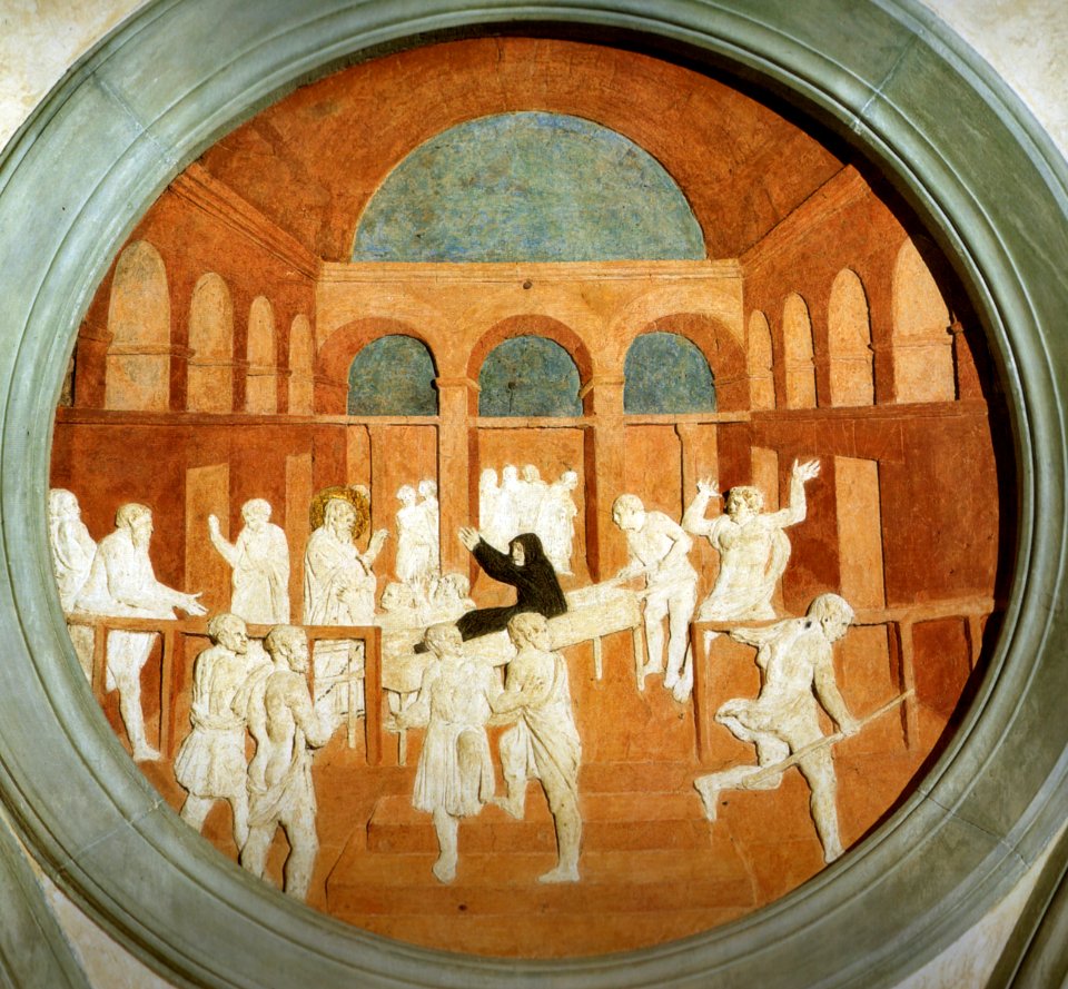 Donatello, storie di san giovanni evangelista, resurrezione di drusiana, 1434-43