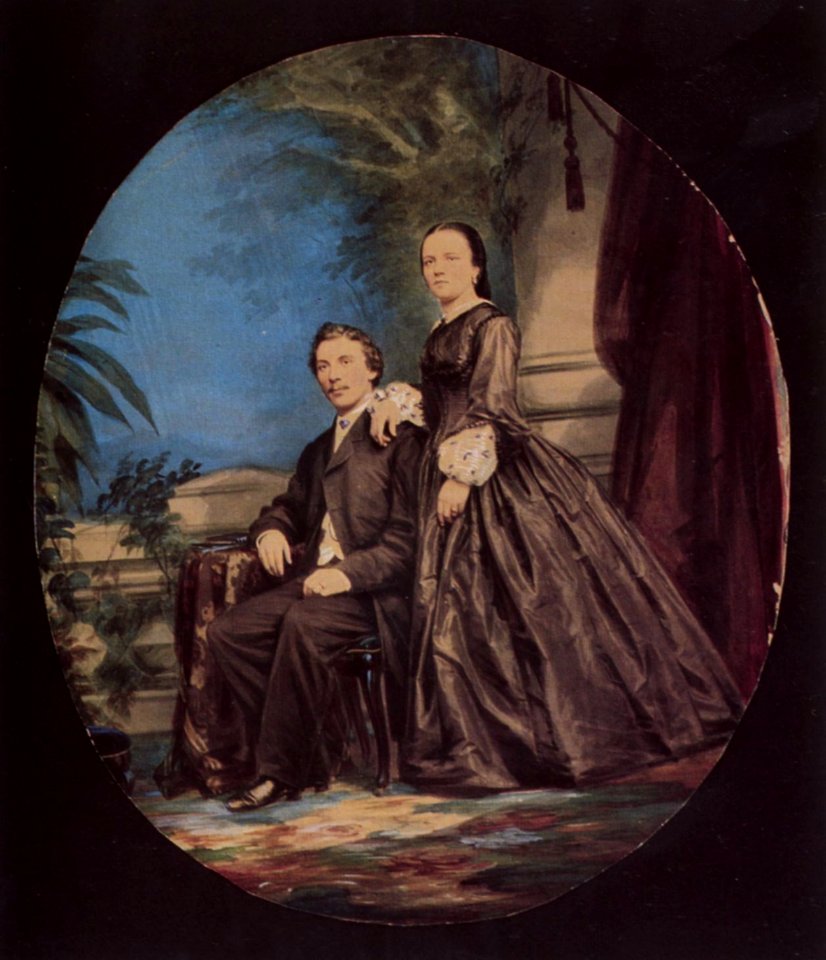 Deutscher Photograph um 1855 - Porträt eines Ehepaares vor gemaltem Hintergrund (Zeno Fotografie)
