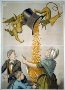 Devils pouring gold coins from hat into woman's apron and boy's hat LCCN2002719197