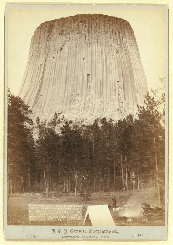 Devil's Tower or Bear Lodge (Mato (i.e. Mateo) Tepee of the Indians), on the Belle Fourche. Description on back - J.C.H. Grabill, photographer, Sturgis, Dakota Terr. LCCN99613929