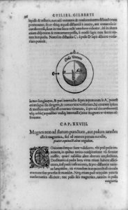 Diagram of Gilbert's terella, or earth model, a spherical magnet used to show earth's magnetic qualities; with decorated initial C and surrounding text LCCN92518850