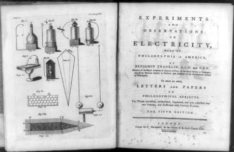 Diagrams of various electrical phenomena and title page of Experiments and observations on electricity LCCN92518851
