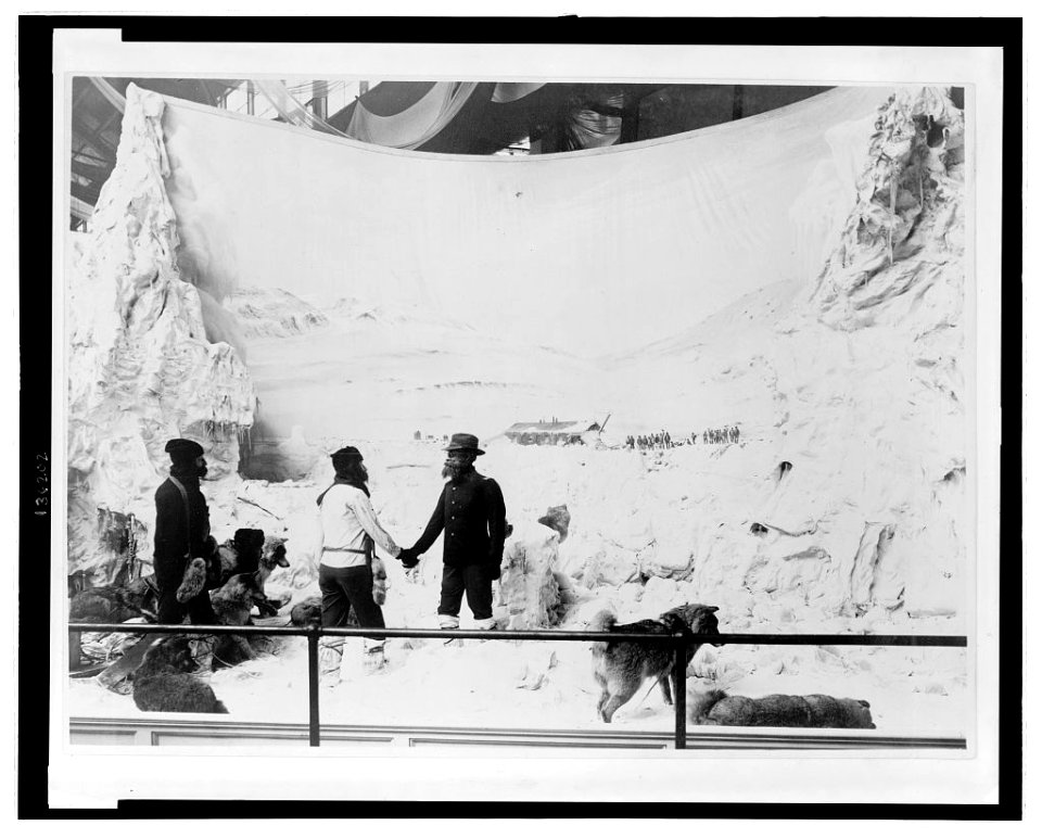 Diaorama of the Greely Expedition, at the 1893 Chicago World's Columbian Exposition, showing Lt. A.W. Greely, U.S. Army, welcoming Lt. Lockwood and Sgt. Brainard back to Ft. Conger LCCN2006675167