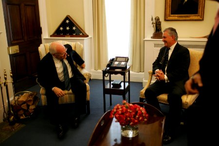 Dick Cheney talks with Rex Tillerson in His West Wing Office
