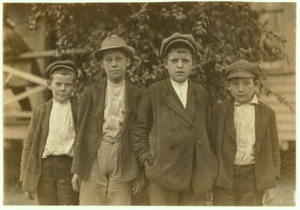 Dickson Mill, Laurinburg, N.C. Robert Black, (smallest) 1 year in mill. John Black, (next) 2 years in mill. Charlie Clark-4 years. Earl Lander-Beginning. Witness, S.R. Hine. LOC nclc.01508