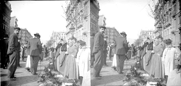 Dones venent aviram a la Fira del gall , a la rambla Catalunya de Barcelona (AFCEC BORDAS X 062)