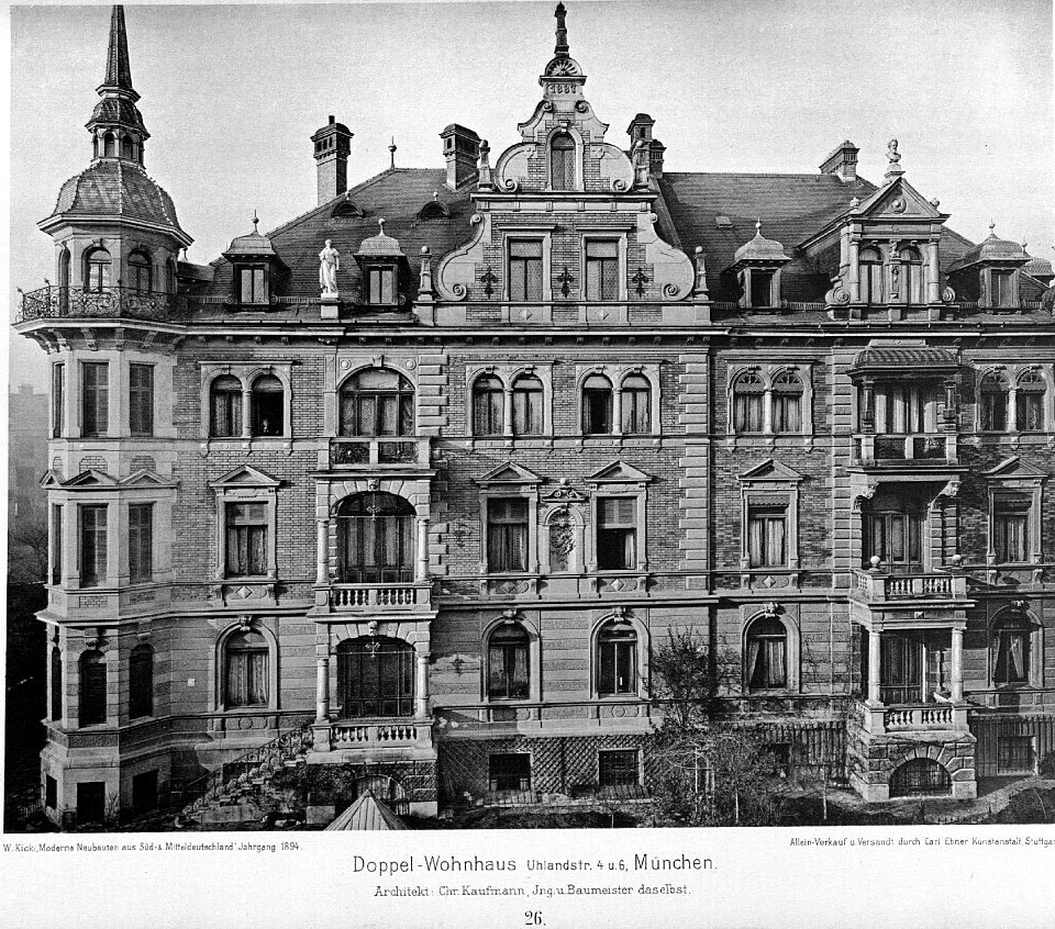 Doppel-Wohnhaus Uhlandstr. 4 und 6, München, Architekt Chr. Kaufmann, Ing. u. Baumeister München, Tafel 26, Kick Jahrgang I