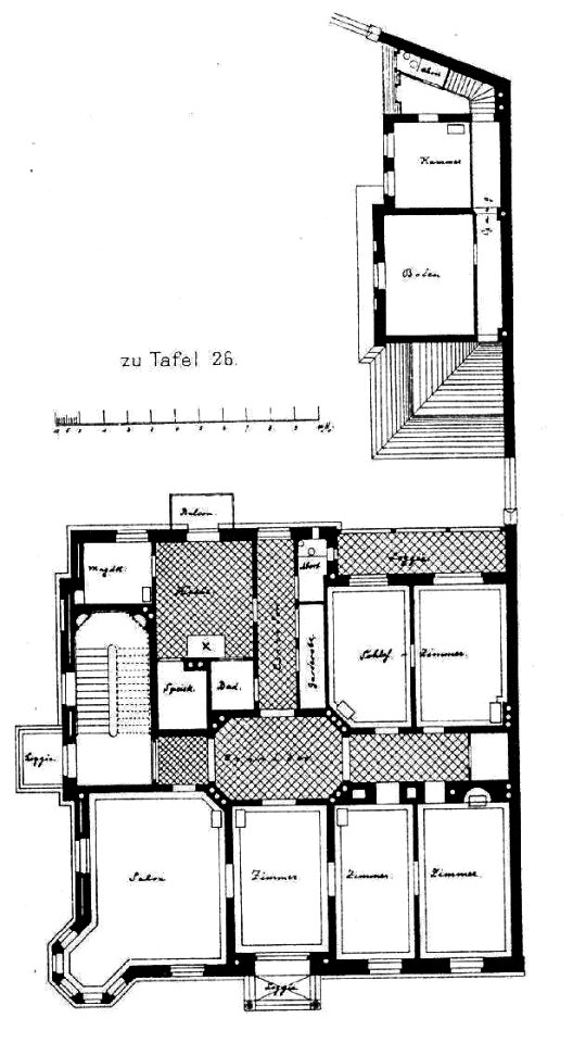 Doppel-Wohnhaus Uhlandstr. 4 und 6, München, Architekt Chr. Kaufmann, Ing. u. Baumeister München, Grundriss, Tafel 26, Kick Jahrgang I
