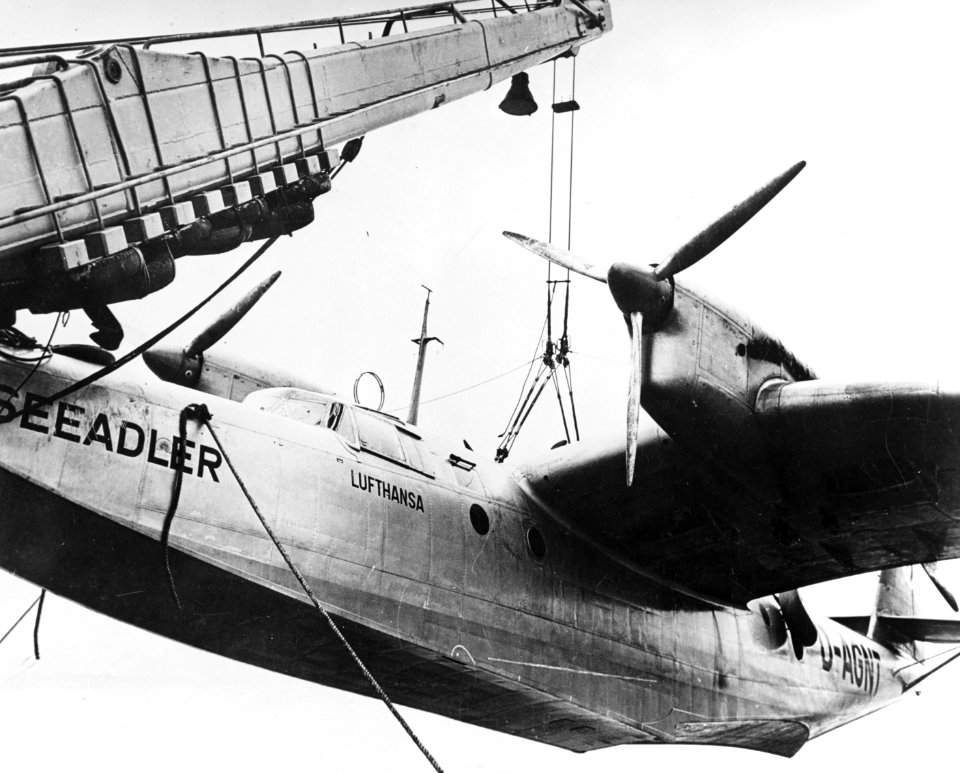 Dornier Do 26 V1 being lifted on a catapult ship in the South Atlantic c1939