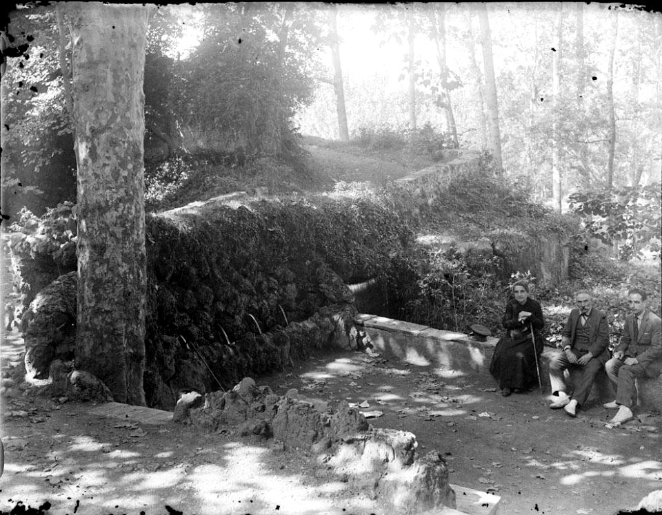 Dos homes i una dona asseguts a un mur de pedra enmig del bosc (AFCEC RIBASV C 2633)