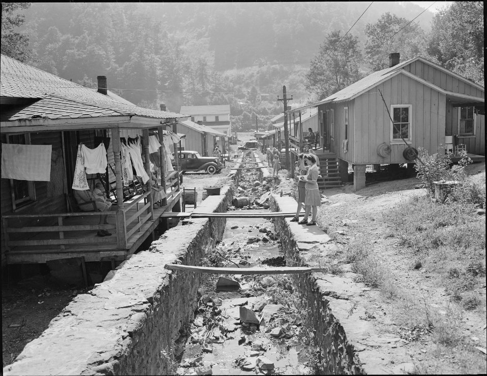 Double row houses, garbage and trash are disposed of in this meager stream of water, there is a well and pump at each... - NARA - 540988