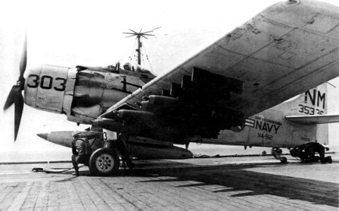 Douglas A-1H Skyraider of VA-52 is readied for launching aboard USS Ticonderoga (CVA-14), dirca in 1967