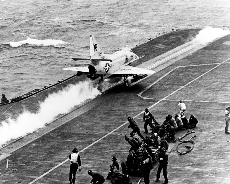 Douglas A-4E Skyhawk of VA-212 is launched from USS Bon Homme Richard (CVA-31), in March 1967 (USN 1142110)