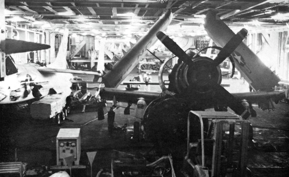 Douglas A-1H Skyraider of VA-215 in hangar of USS Hancock (CVA-19), circa in 1966