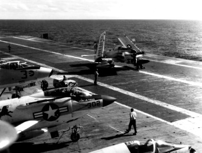 Douglas A-1H Skyraider of VA-215 after landing aboard USS Hancock (CVA-19), in 1963 (NNAM.1996.253.2979)