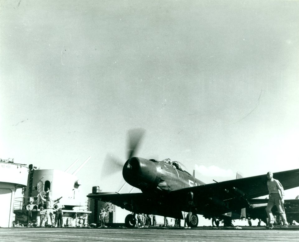Douglas AD-4 Skyraider of VA-115 is ready for launching from USS Philippine Sea (CV-47), in October 1950 (80-G-420934)