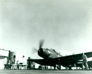 Douglas AD-4 Skyraider of VA-115 is ready for launching from USS Philippine Sea (CV-47), in October 1950 (80-G-420934)