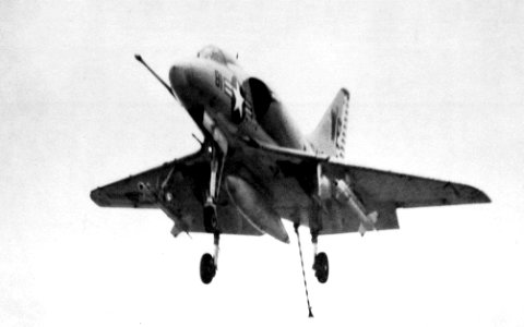Douglas A-4B Skyhawk of VMA-214 approaching USS Hornet (CVS-12) c1963