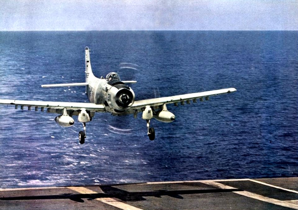 Douglas A-1H Skyraider of VA-52 landing aboard USS Ticonderoga (CVA-14), in 1964