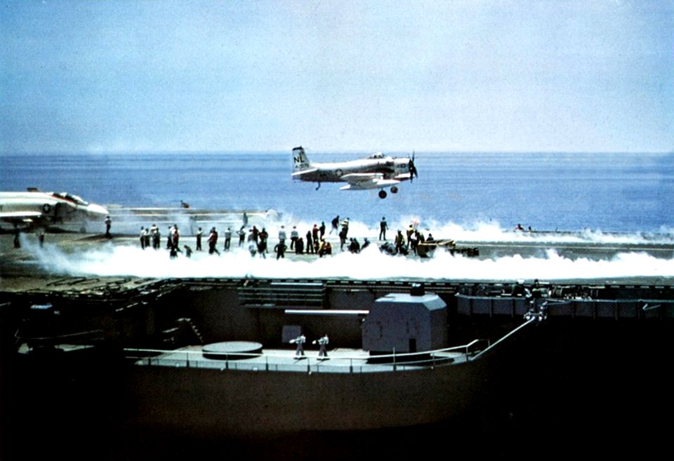 Douglas A-1J Skyraider of VA-25 is launched from USS Coral Sea (CVA-43), circa in 1968