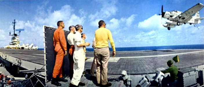 Douglas AD-5Q Skyraider of VAW-13 Det.L lands aboard USS Hancock (CVA-19), in 1962