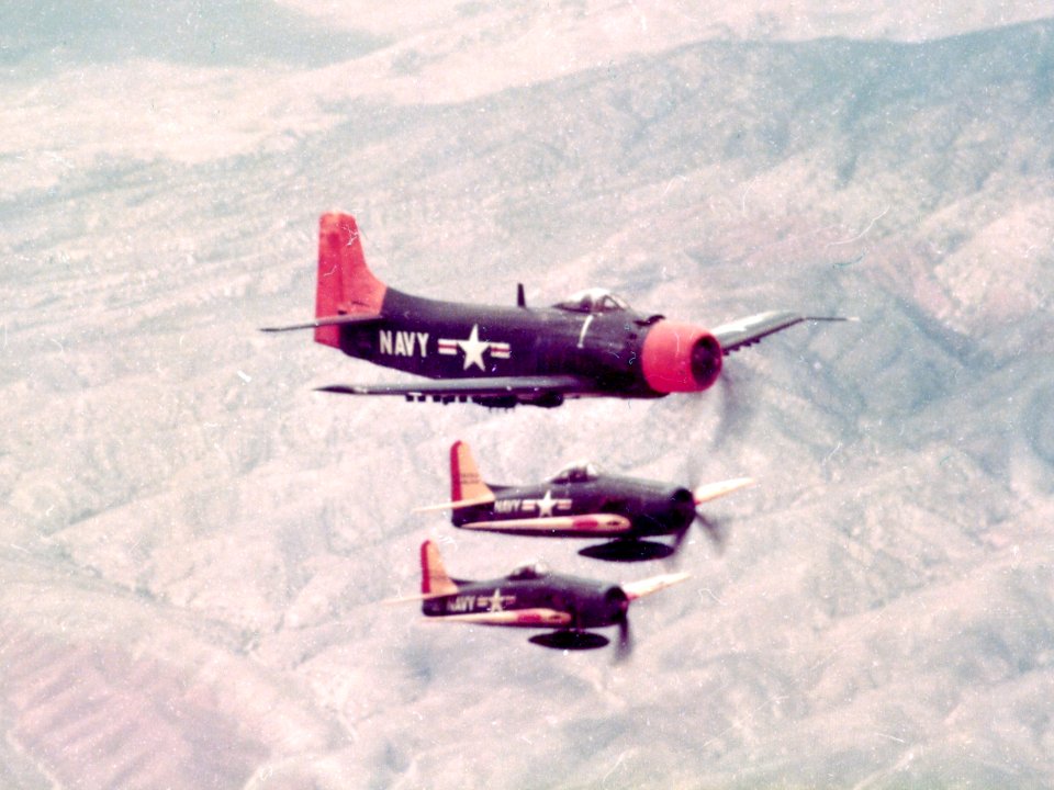Douglas AD-2D Skyraider and two Grumman F8F Bearcat in flight over Nevada (USA) during the Operation Upshot-Knothole nuclear tests, in 1953 (146764568)