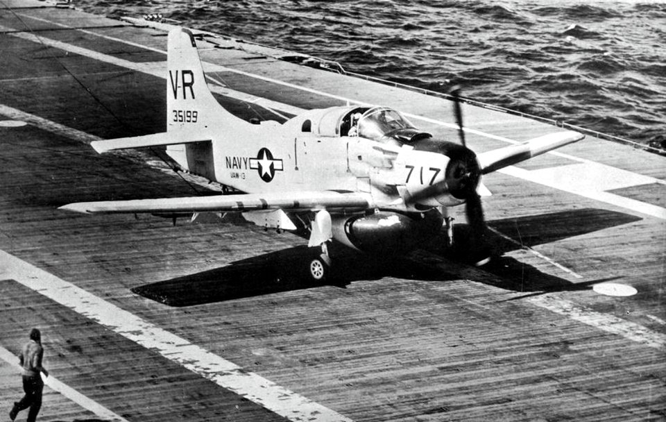 Douglas AD-5W Skyraider of VAW-13 Det.N lands on USS Hornet (CVS-12), in 1960