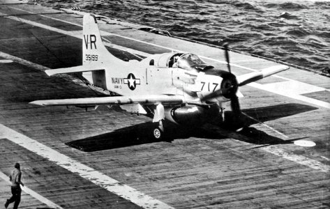 Douglas AD-5W Skyraider of VAW-13 Det.N lands on USS Hornet (CVS-12), in 1960