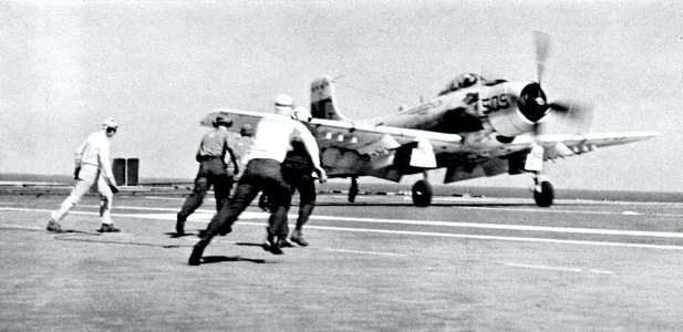 Douglas AD-7 Skyraider of VA-95 after landing aboard USS Ticonderoga (CVA-14), circa in 1957