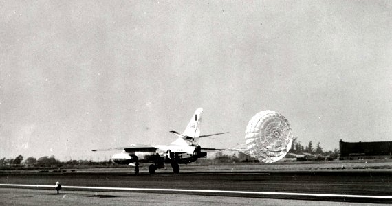 Douglas NB-66B Destroyer landing with deceleration parachute (SN 53-485). Photo taken Feb. 1, 1956 061102-F-1234P-020