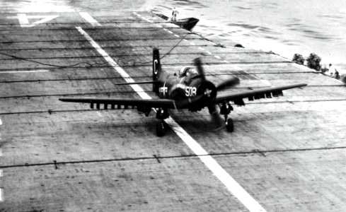Douglas AD-6 Skyraider of VA-25 after landing aboard USS Ticonderoga (CVA-14), in 1955