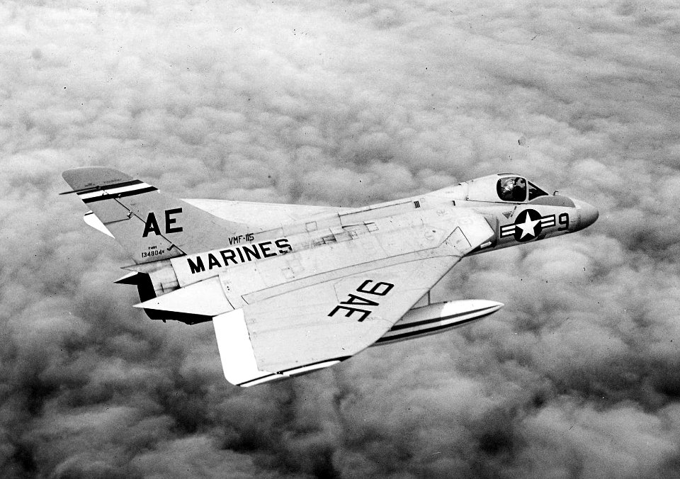 Douglas F4D-1 Skyray of VMF-115 in flight, 17 March 1957 (NNAM.1996.253.7328.022)